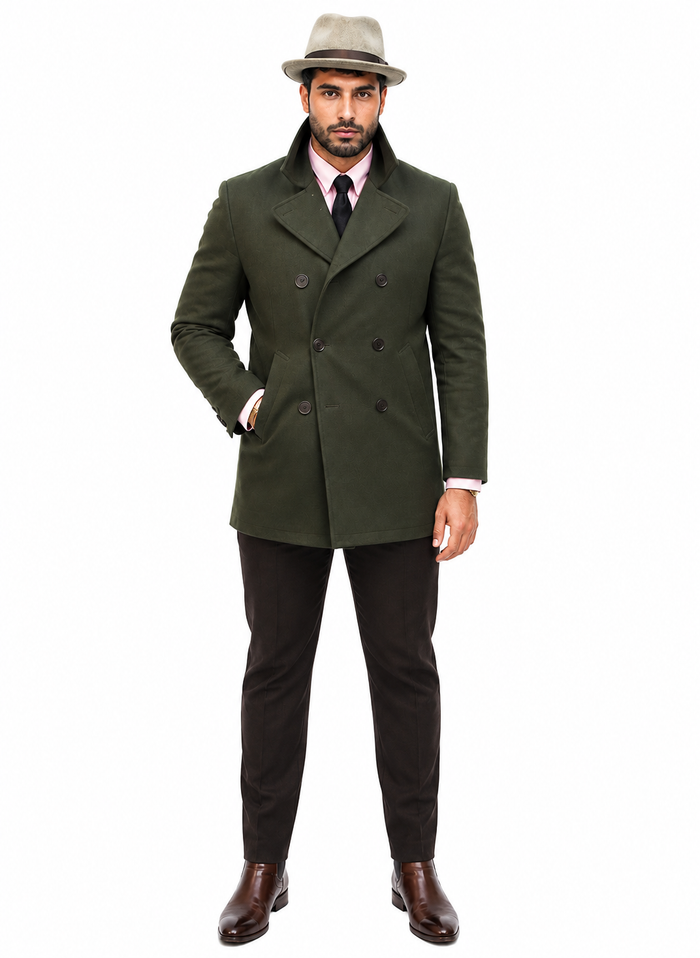 Men's Olive Green Designer Men's Wool Men's Peacoat Sale Double Breasted Wool Fabric