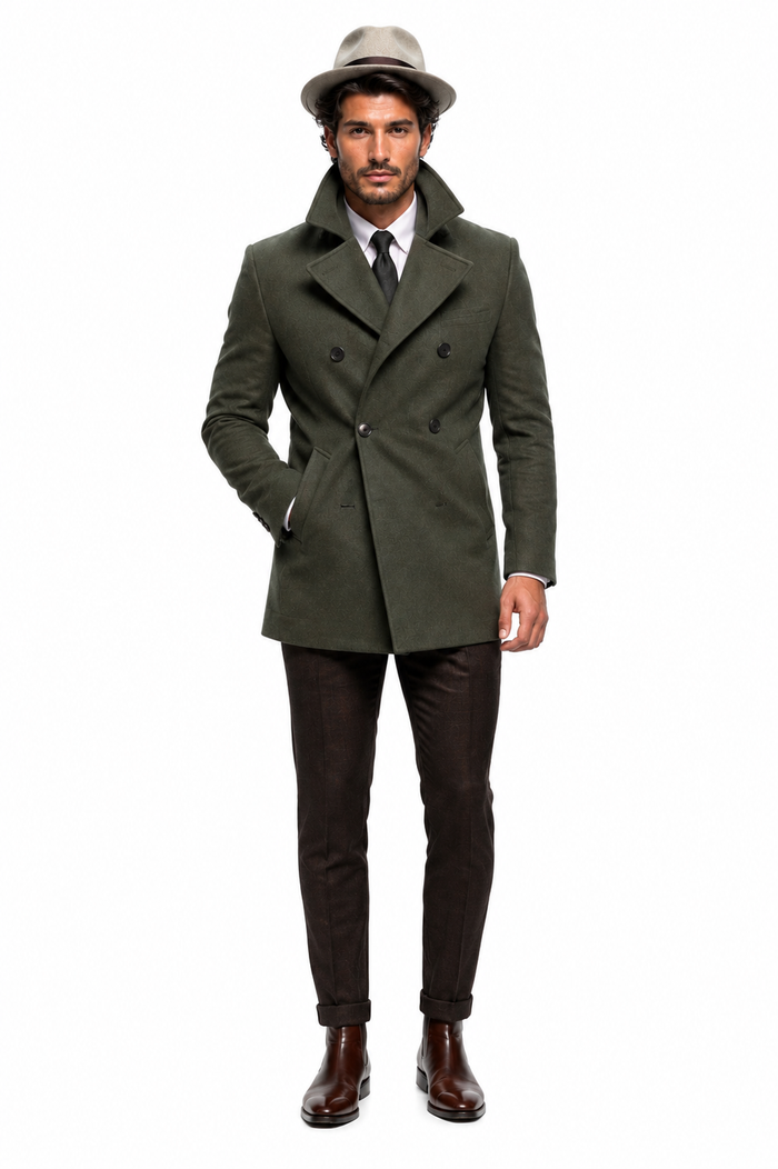 Men's Olive Green Designer Men's Wool Men's Peacoat Sale Double Breasted Wool Fabric