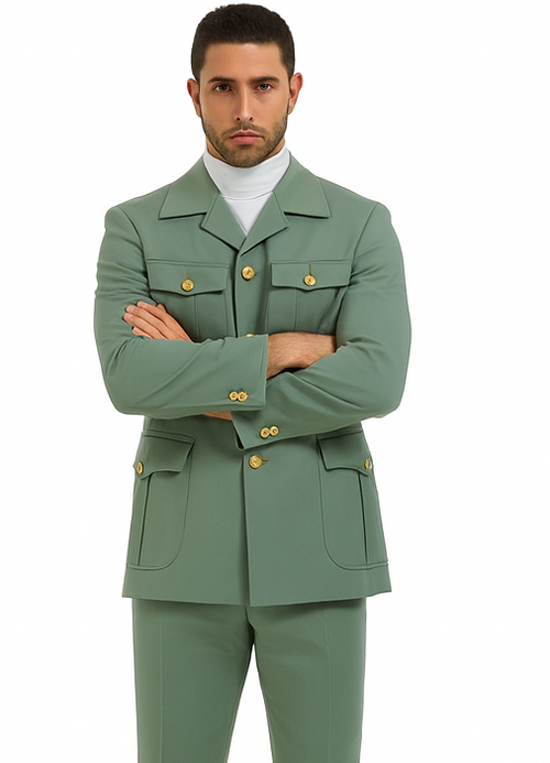 Mens Olive Green Safari Suit Set with Utility Jacket and Adjustable Waist Pants