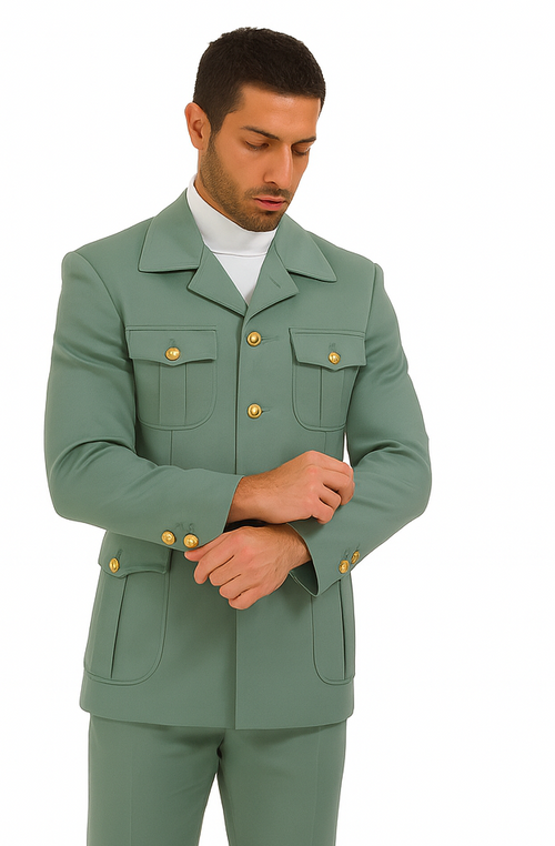 Mens Olive Green Safari Suit Set with Utility Jacket and Adjustable Waist Pants