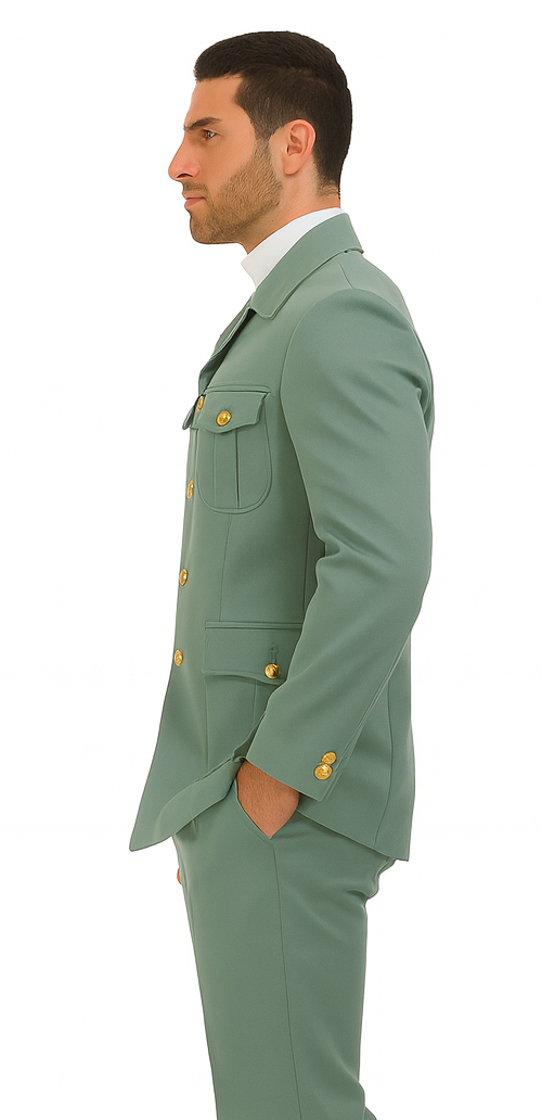 Mens Olive Green Safari Suit Set with Utility Jacket and Adjustable Waist Pants