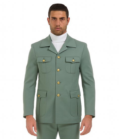 Mens Olive Green Safari Suit Set with Utility Jacket and Adjustable Waist Pants