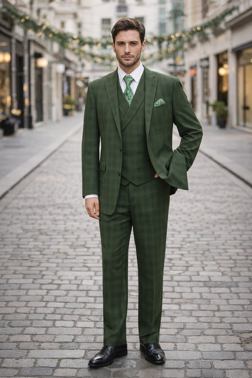 Mens Olive Plaid Suit 2 Button Double Breasted Vest Suit In Olive Windopane Plaid