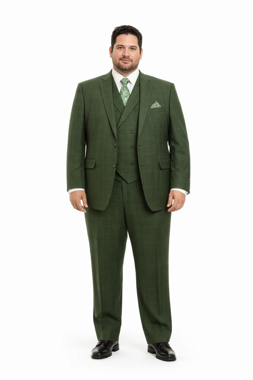 Mens Olive Plaid Suit 2 Button Double Breasted Vest Suit In Olive Windopane Plaid