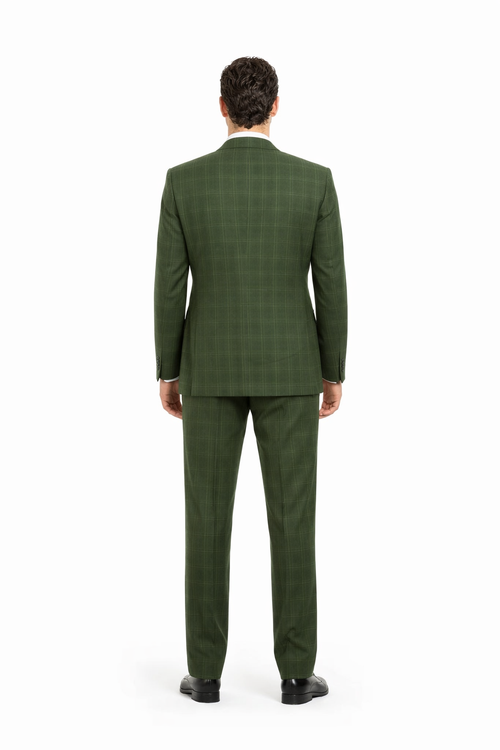 Mens Olive Plaid Suit 2 Button Double Breasted Vest Suit In Olive Windopane Plaid