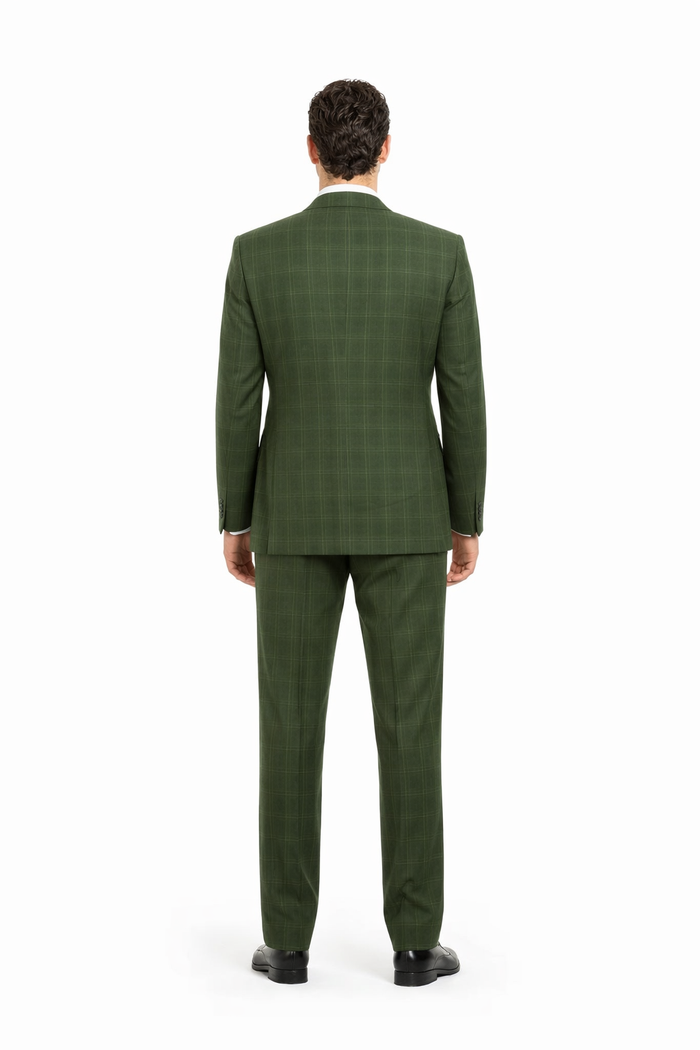 Mens Olive Plaid Suit 2 Button Double Breasted Vest Suit In Olive Windopane Plaid