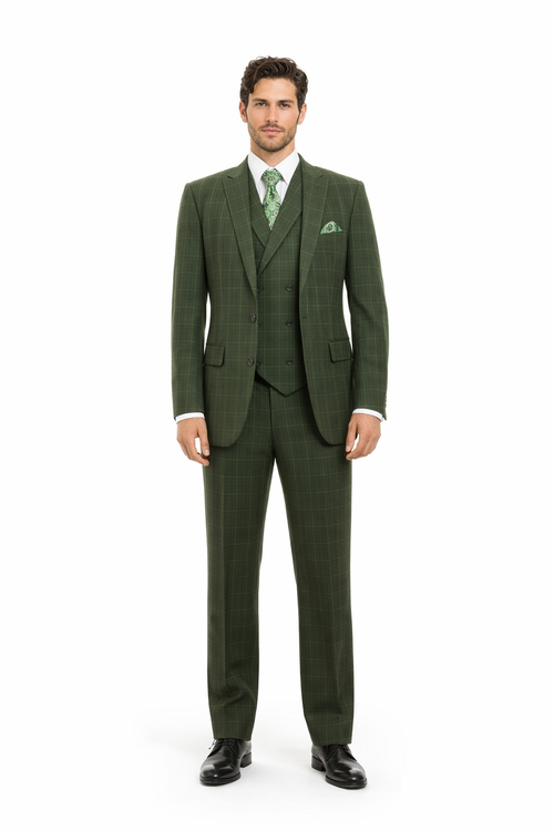 Mens Olive Plaid Suit 2 Button Double Breasted Vest Suit In Olive Windopane Plaid