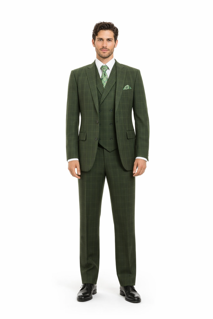 Mens Olive Plaid Suit 2 Button Double Breasted Vest Suit In Olive Windopane Plaid