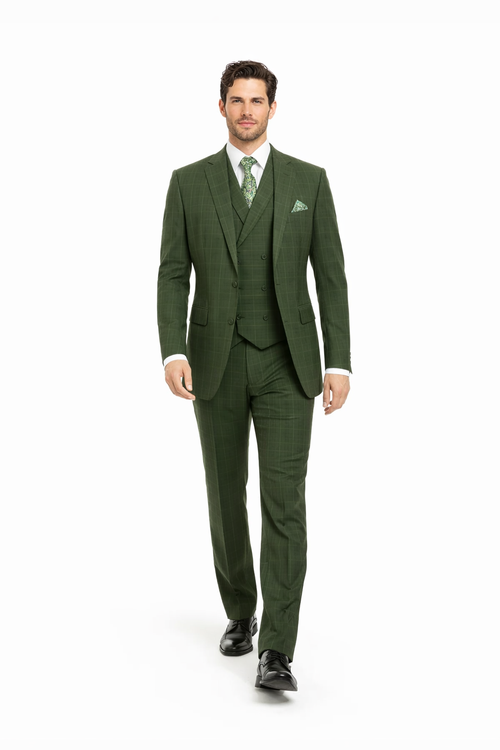 Mens Olive Plaid Suit 2 Button Double Breasted Vest Suit In Olive Windopane Plaid
