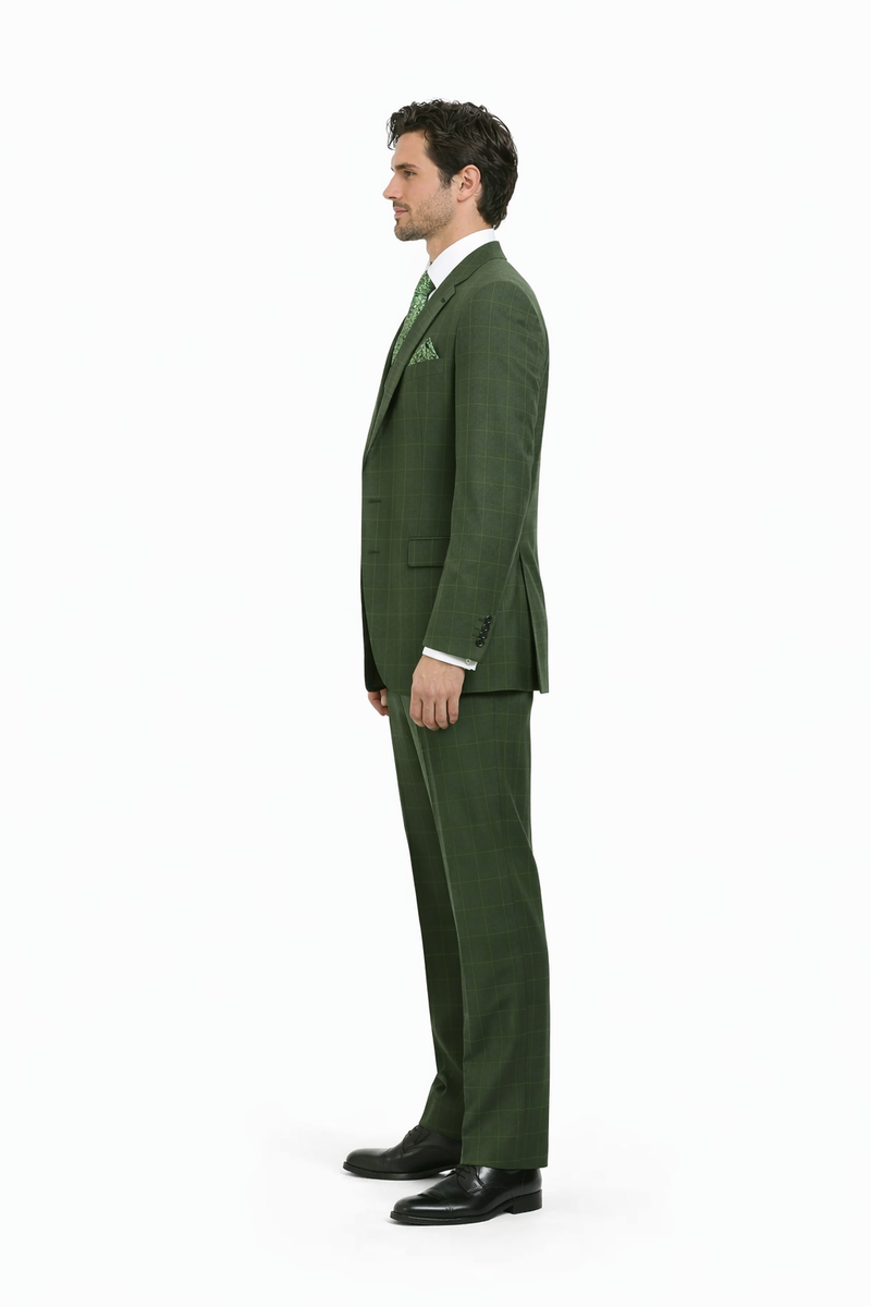 Mens Olive Plaid Suit 2 Button Double Breasted Vest Suit In Olive Windopane Plaid