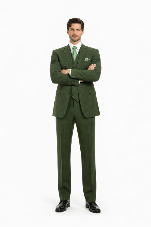 Mens Olive Plaid Suit 2 Button Double Breasted Vest Suit In Olive Windopane Plaid