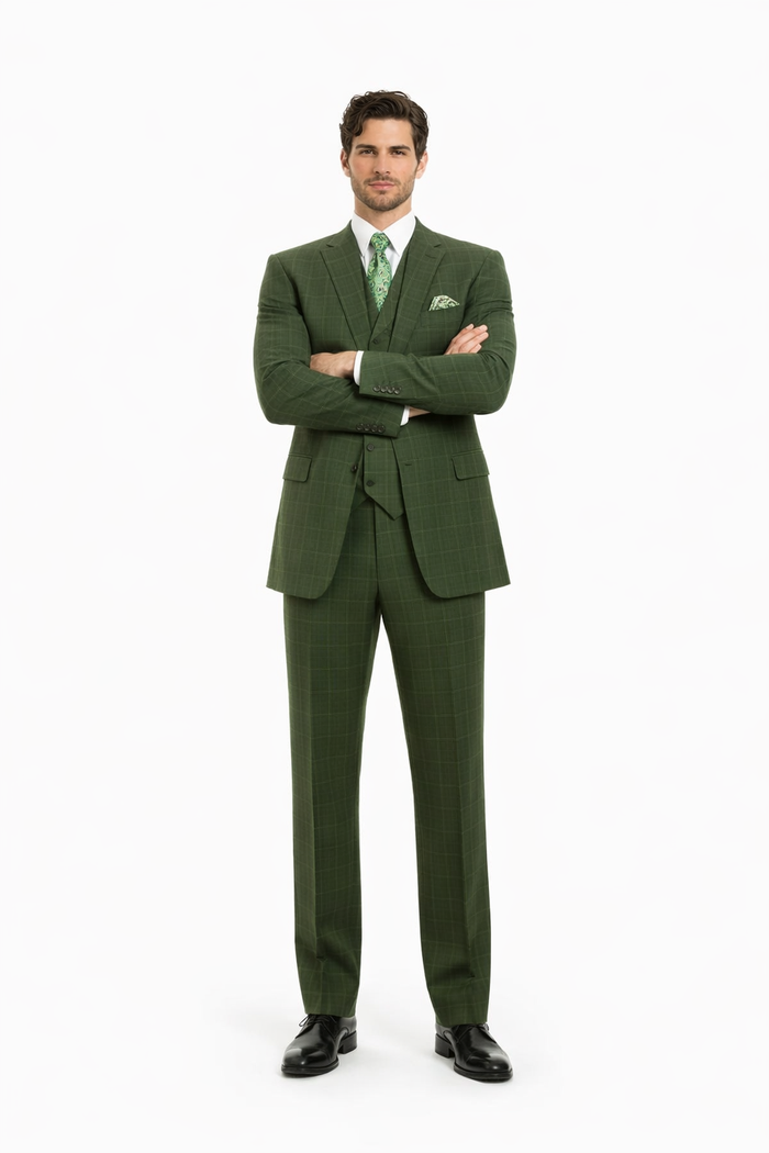 Mens Olive Plaid Suit 2 Button Double Breasted Vest Suit In Olive Windopane Plaid