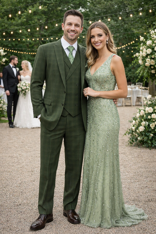 Mens Olive Plaid Suit 2 Button Double Breasted Vest Suit In Olive Windopane Plaid