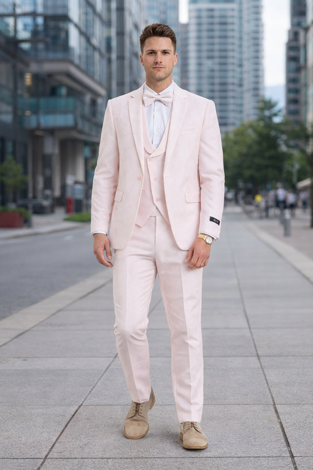 Men's One Button Double Breasted Vest Notch lapel Prom and Wedding Pink Suit