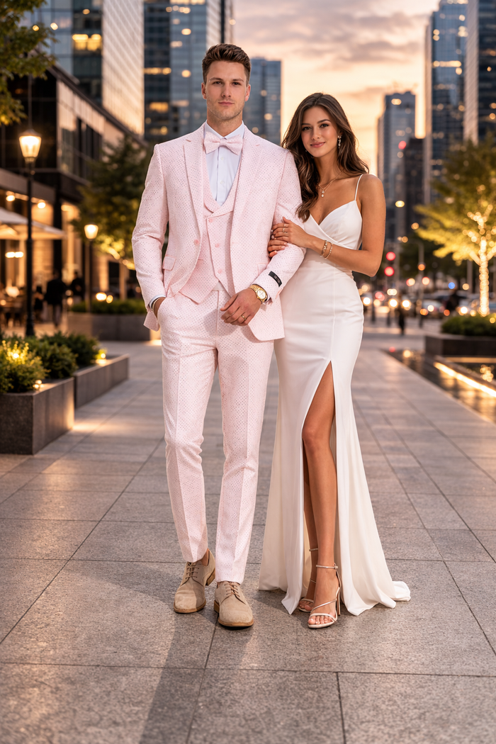 Men's One Button Double Breasted Vest Notch lapel Prom and Wedding Pink Suit