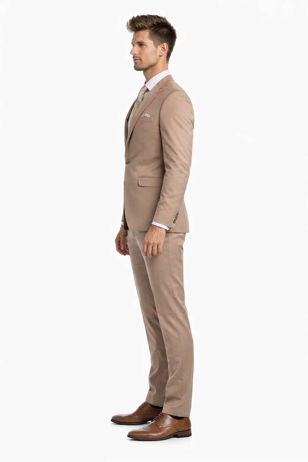 Men's One Button Peak Lapel Basic Slim Fit Suit In Dark Taupe