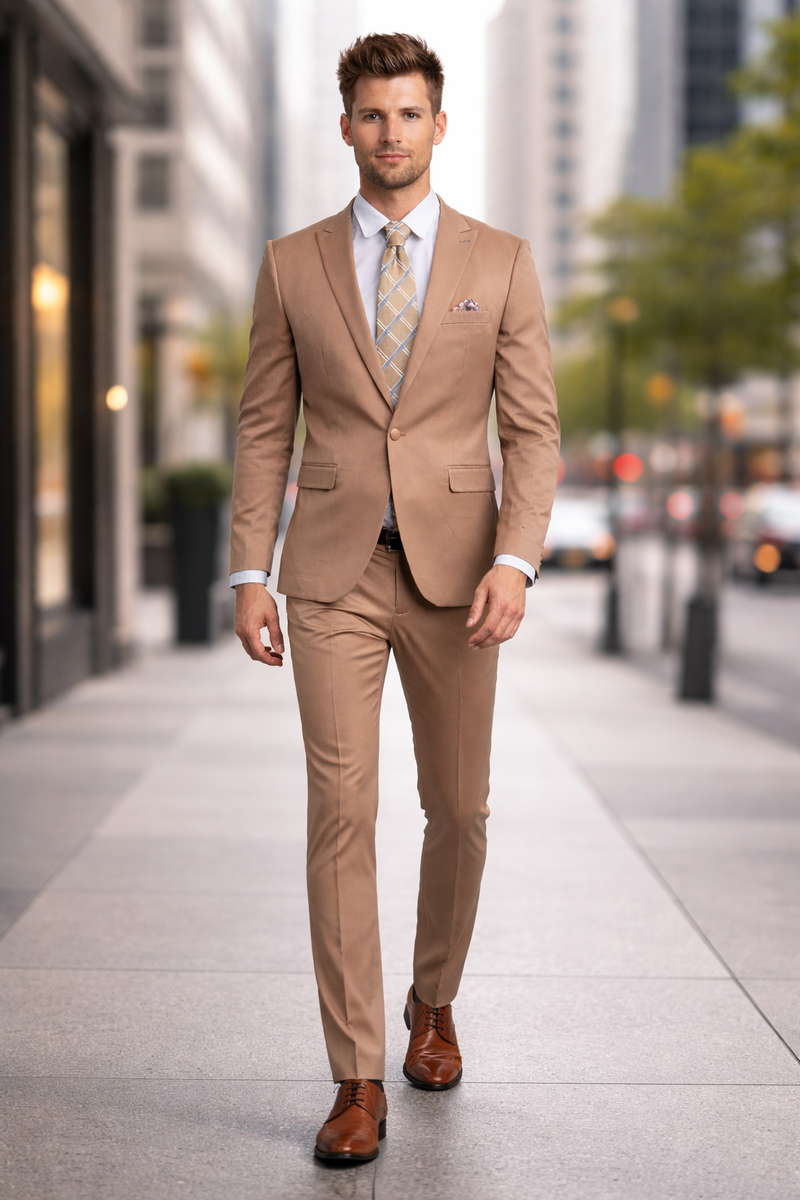 Men's One Button Peak Lapel Basic Slim Fit Suit In Dark Taupe