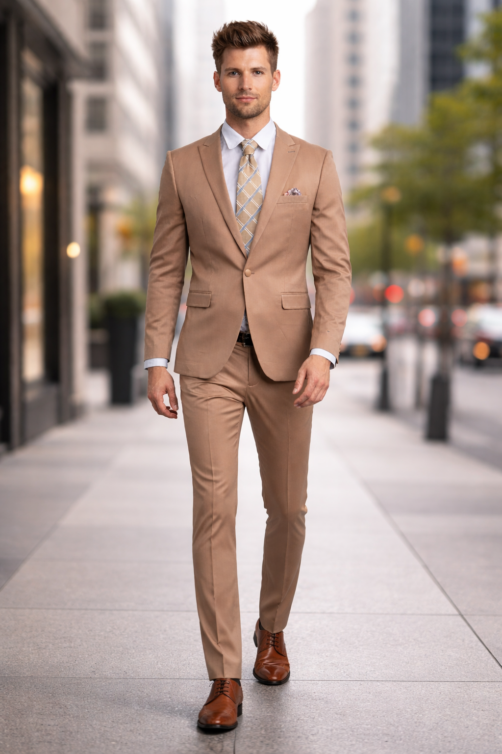 Men's One Button Peak Lapel Basic Slim Fit Suit In Dark Taupe