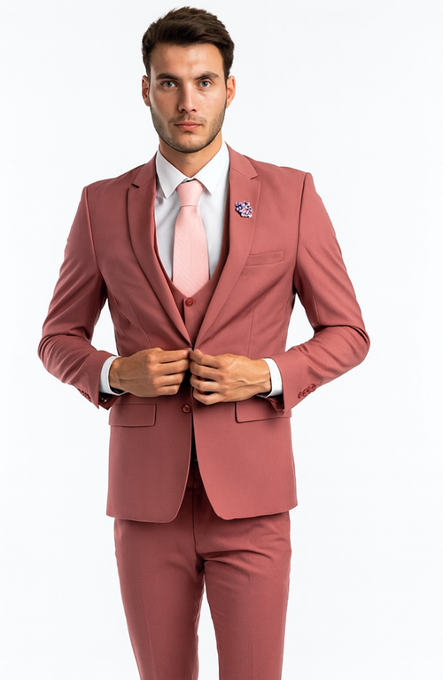 Men's One Button Peak Lapel Solid Vest in Coral Pink Slim Fit Suit