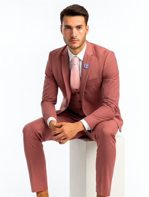 Men's One Button Peak Lapel Solid Vest in Coral Pink Slim Fit Suit