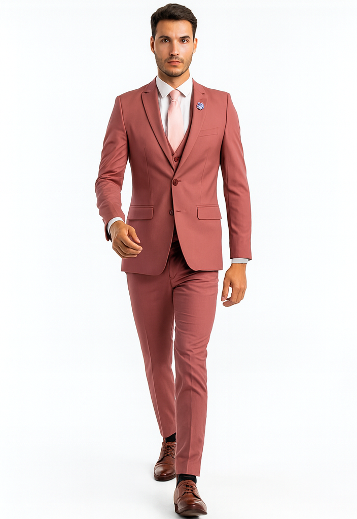 Men's One Button Peak Lapel Solid Vest in Coral Pink Slim Fit Suit