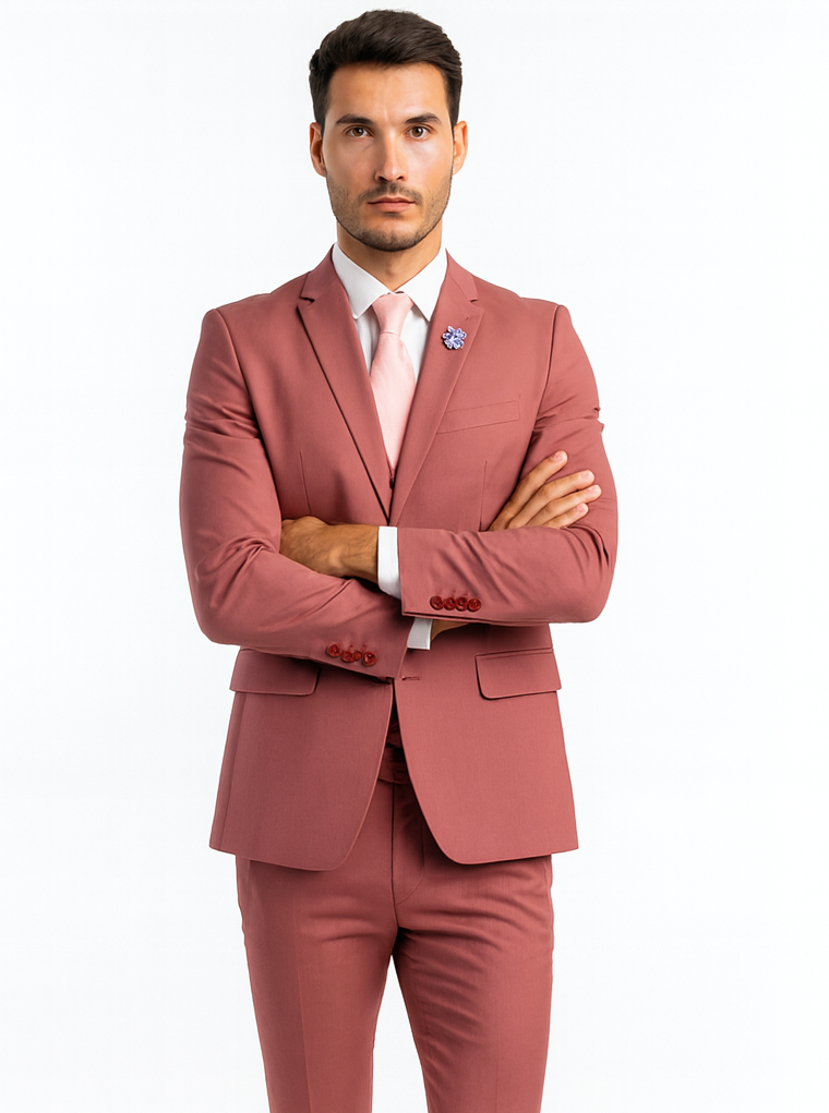Men's One Button Peak Lapel Solid Vest in Coral Pink Slim Fit Suit