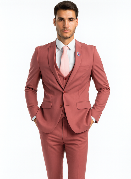 Men's One Button Peak Lapel Solid Vest in Coral Pink Slim Fit Suit
