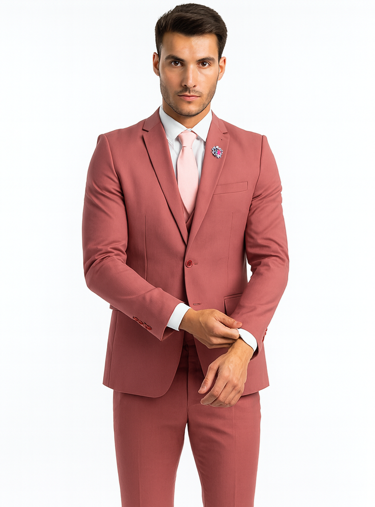 Men's One Button Peak Lapel Solid Vest in Coral Pink Slim Fit Suit