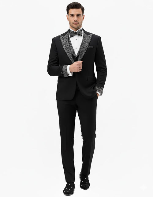 Mens One Button Rhinestone Peak Lapel Vested Prom Black Tuxedo