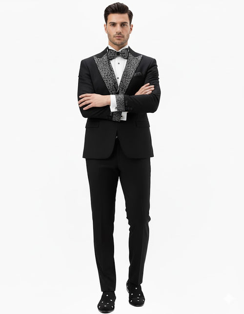 Mens One Button Rhinestone Peak Lapel Vested Prom Black Tuxedo