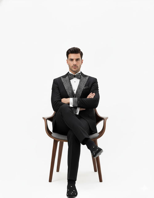 Mens One Button Rhinestone Peak Lapel Vested Prom Black Tuxedo