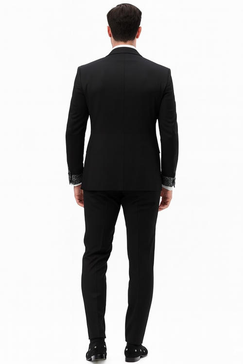 Mens One Button Rhinestone Peak Lapel Vested Prom Black Tuxedo