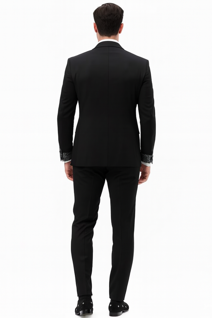 Mens One Button Rhinestone Peak Lapel Vested Prom Black Tuxedo