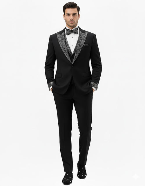 Mens One Button Rhinestone Peak Lapel Vested Prom Black Tuxedo
