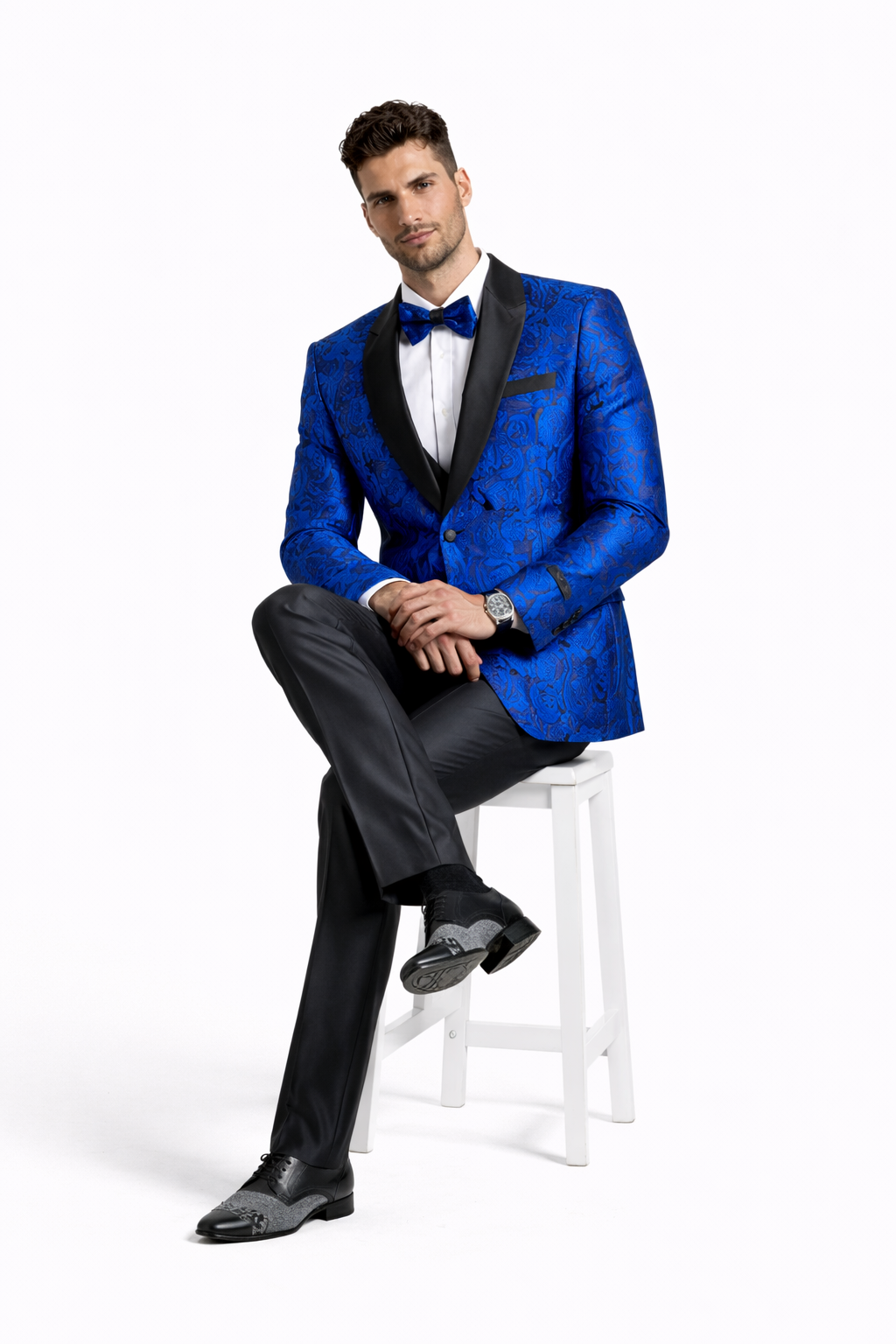 Men's One Button Slim Fit Shiny Paisley Royal Blue Prom Tuxedo