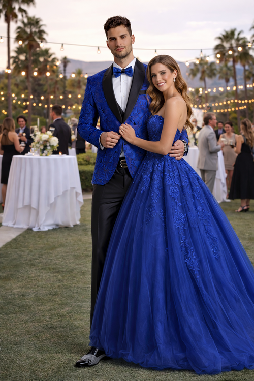 Men's One Button Slim Fit Shiny Paisley Royal Blue Prom Tuxedo