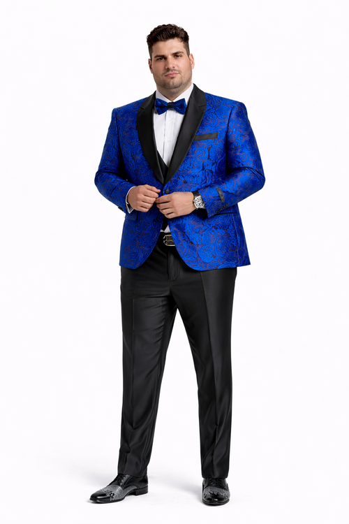 Men's One Button Slim Fit Shiny Paisley Royal Blue Prom Tuxedo