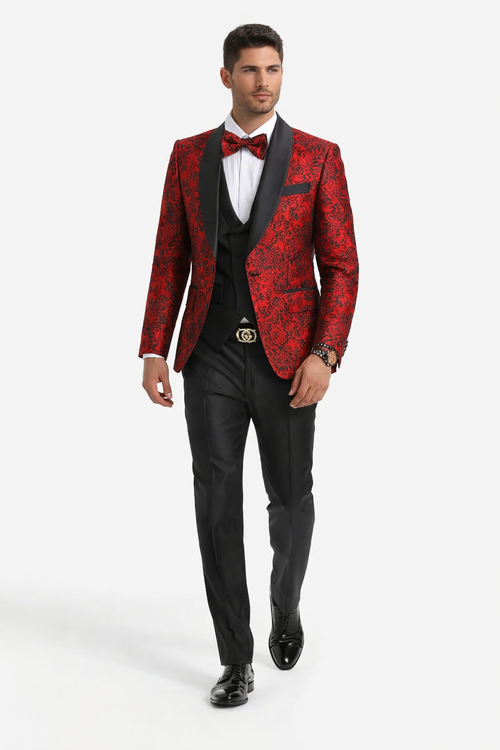 Mens One Button Slim Fit Paisley Floral Vested Prom Tuxedo in Red and Black