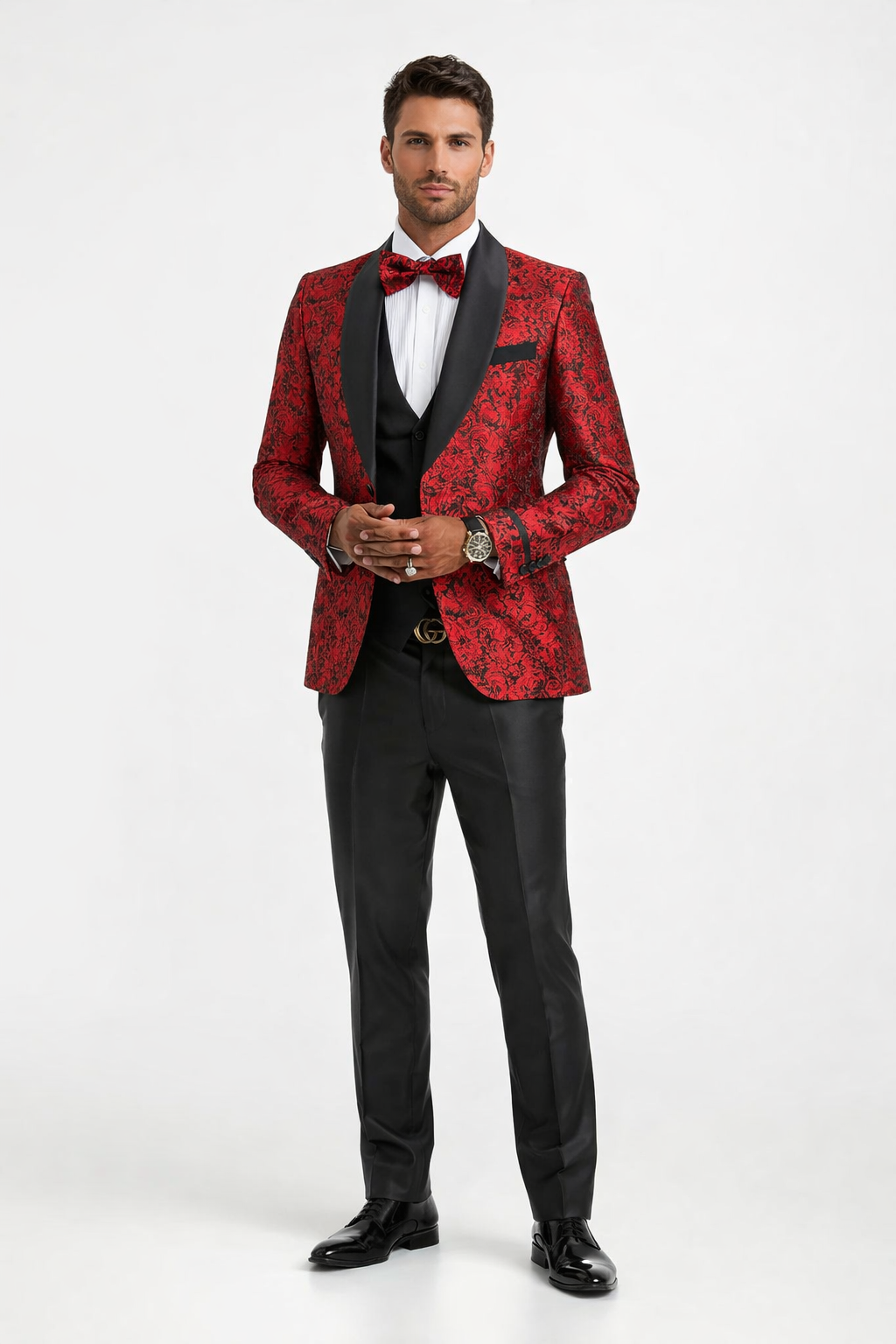 Mens One Button Slim Fit Paisley Floral Vested Prom Tuxedo in Red and Black
