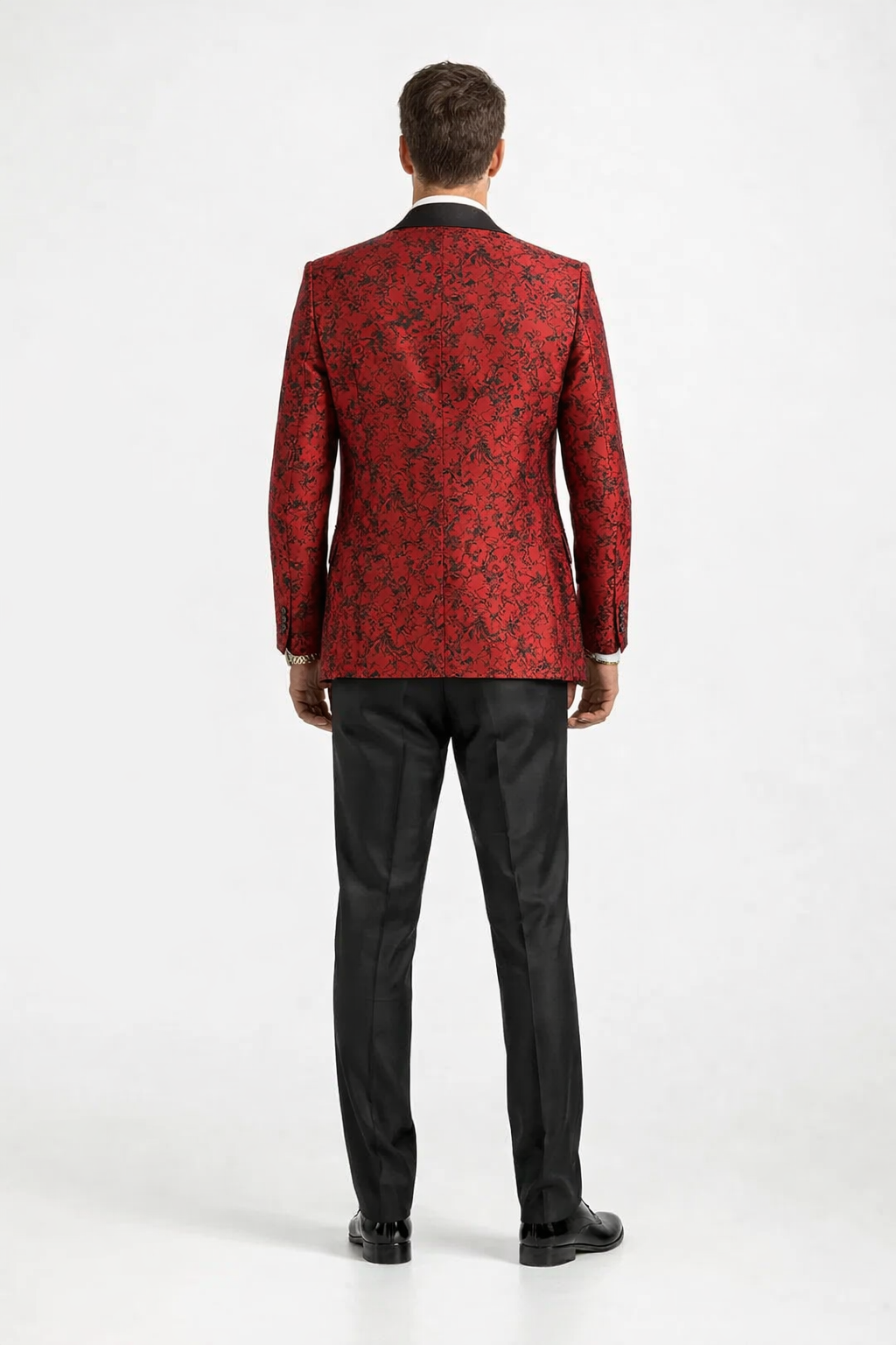 Mens One Button Slim Fit Paisley Floral Vested Prom Tuxedo in Red and Black
