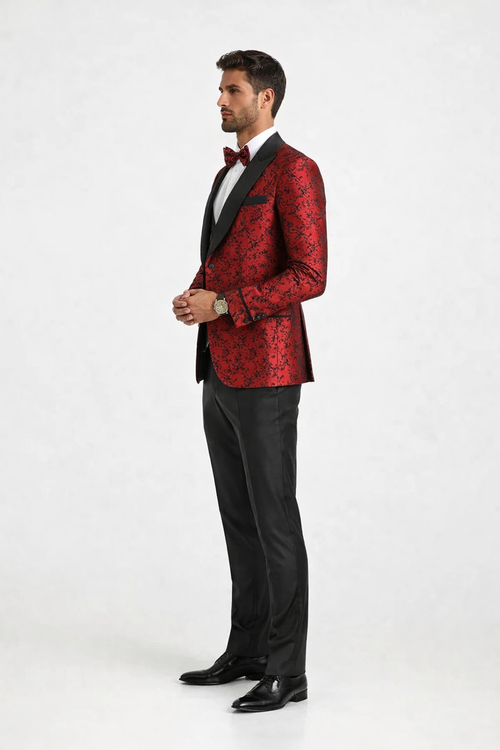 Mens One Button Slim Fit Paisley Floral Vested Prom Tuxedo in Red and Black