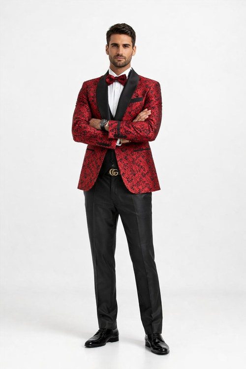 Mens One Button Slim Fit Paisley Floral Vested Prom Tuxedo in Red and Black
