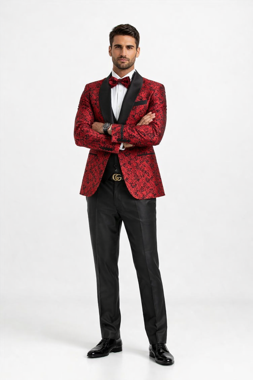 Mens One Button Slim Fit Paisley Floral Vested Prom Tuxedo in Red and Black