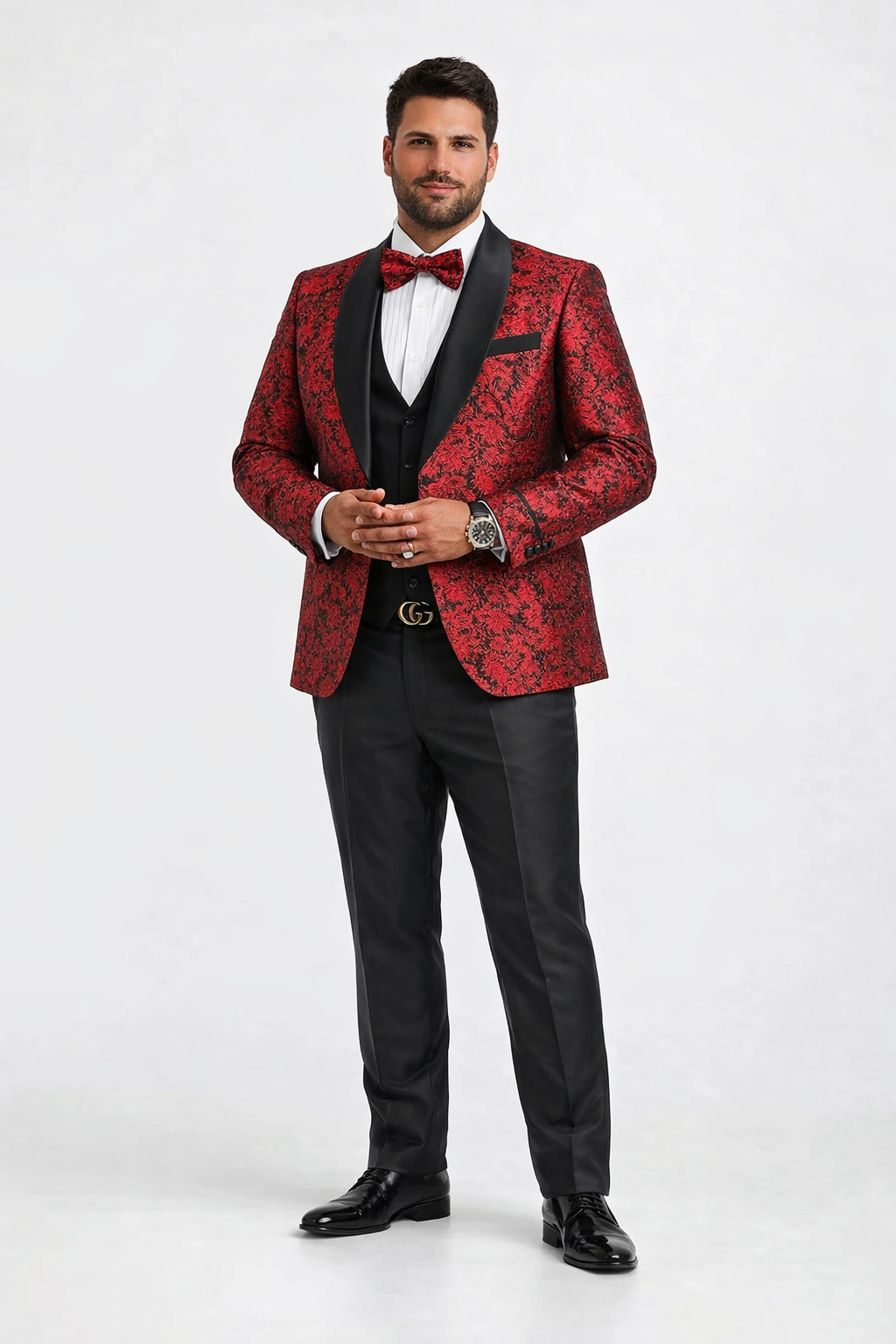 Mens One Button Slim Fit Paisley Floral Vested Prom Tuxedo in Red and Black