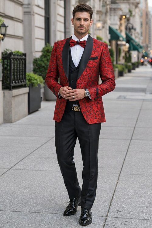 Mens One Button Slim Fit Paisley Floral Vested Prom Tuxedo in Red and Black