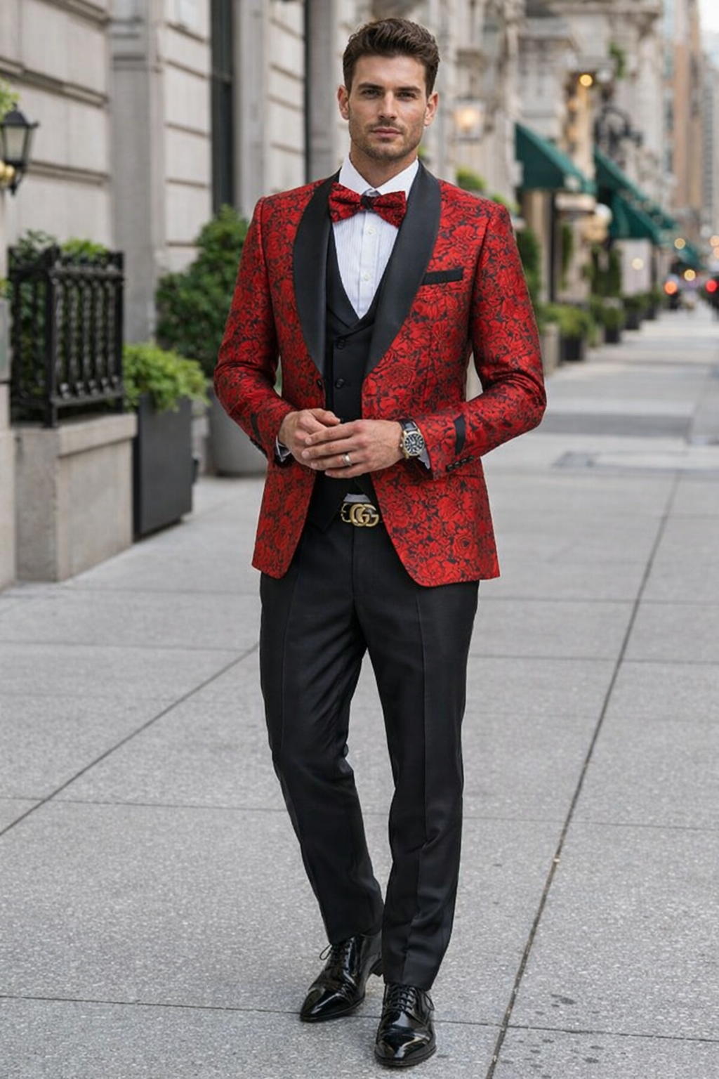 Mens One Button Slim Fit Paisley Floral Vested Prom Tuxedo in Red and Black