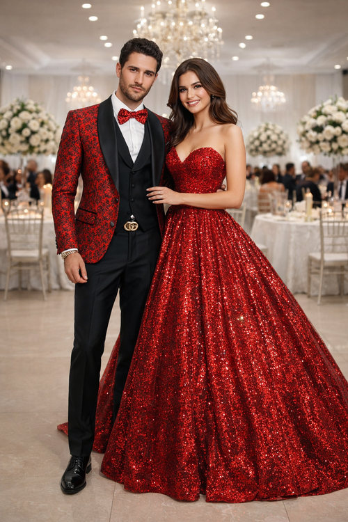 Mens One Button Slim Fit Paisley Floral Vested Prom Tuxedo in Red and Black