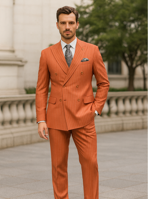 Orange pinstripe suit for men. Double-breasted jacket with peaked lapels, matching straight-leg trousers. Vertical orange pinstripes. Worn with a light blue shirt, patterned tie, and pocket square.
