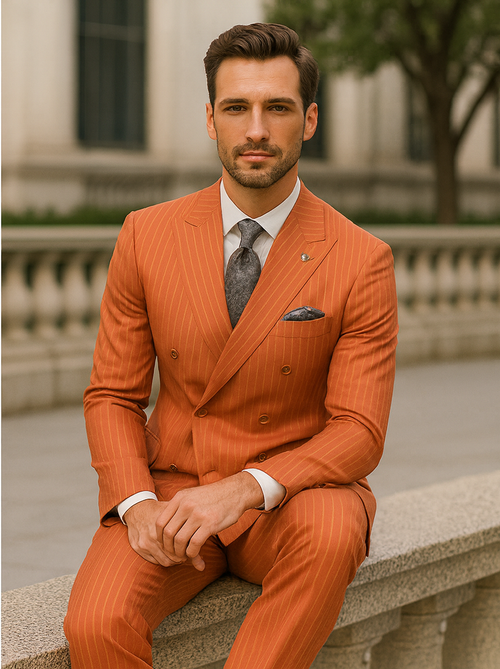 Luxury Men’s Orange Pinstripe Suit – Elegant Formal Outfit