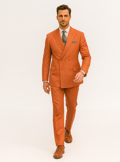 Luxury Men’s Orange Pinstripe Suit – Elegant Formal Outfit